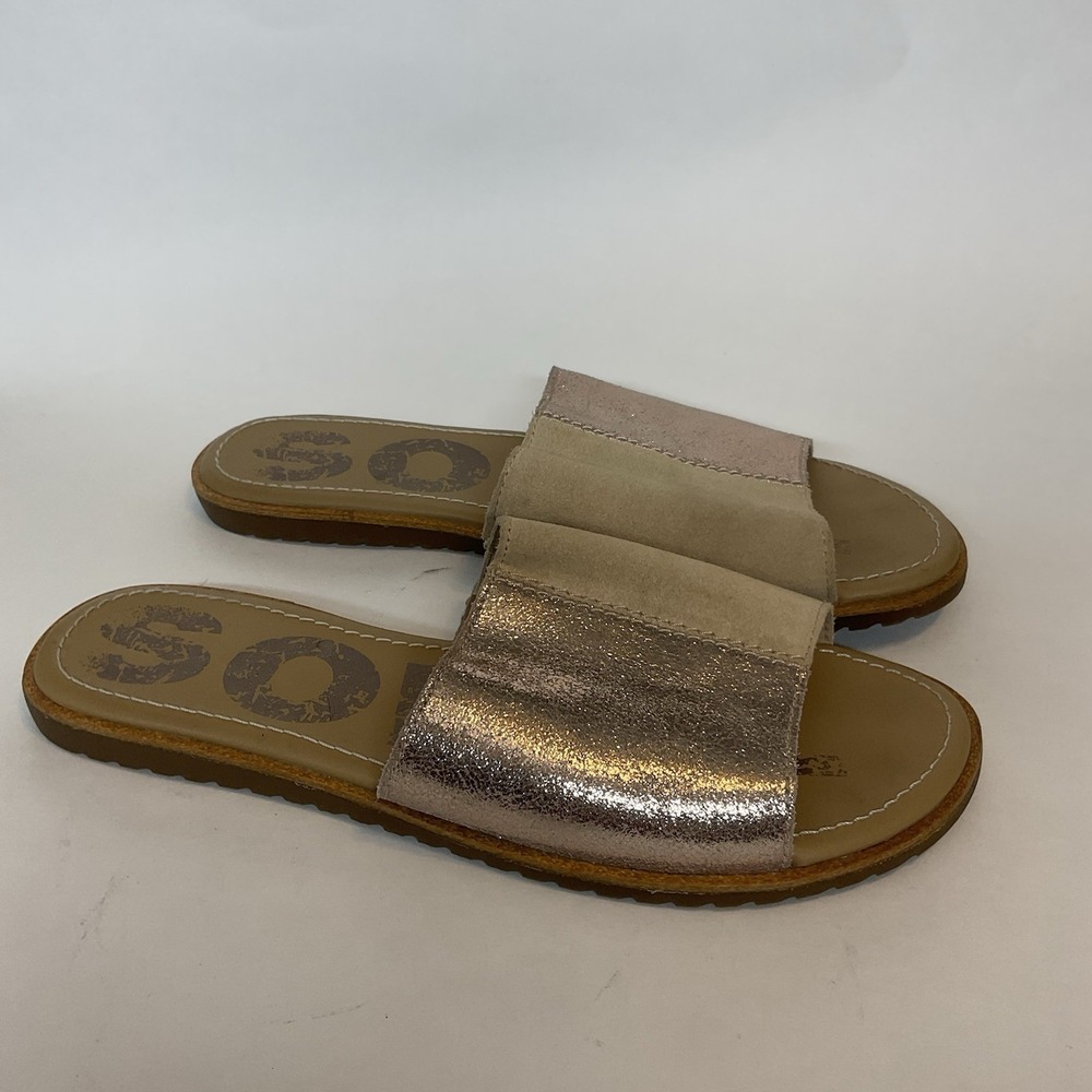 Sorel Ella Block Slide Natural Tan/Nude Rose Gold Shimmer Women's 8,5 Slippers